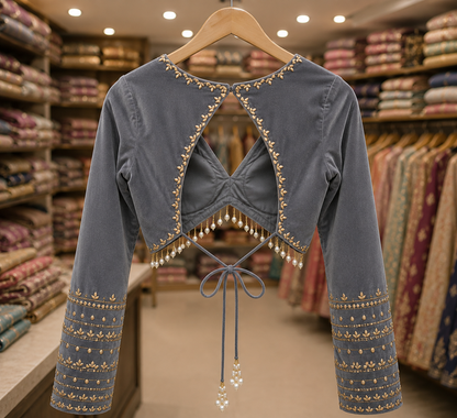 Fancy Grey Designer Back Tie Blouse with Pearl Tassels