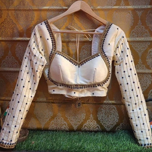 Cream Sweetheart Neck Embellished Designer Blouse