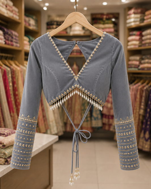 Fancy Grey Designer Back Tie Blouse with Pearl Tassels