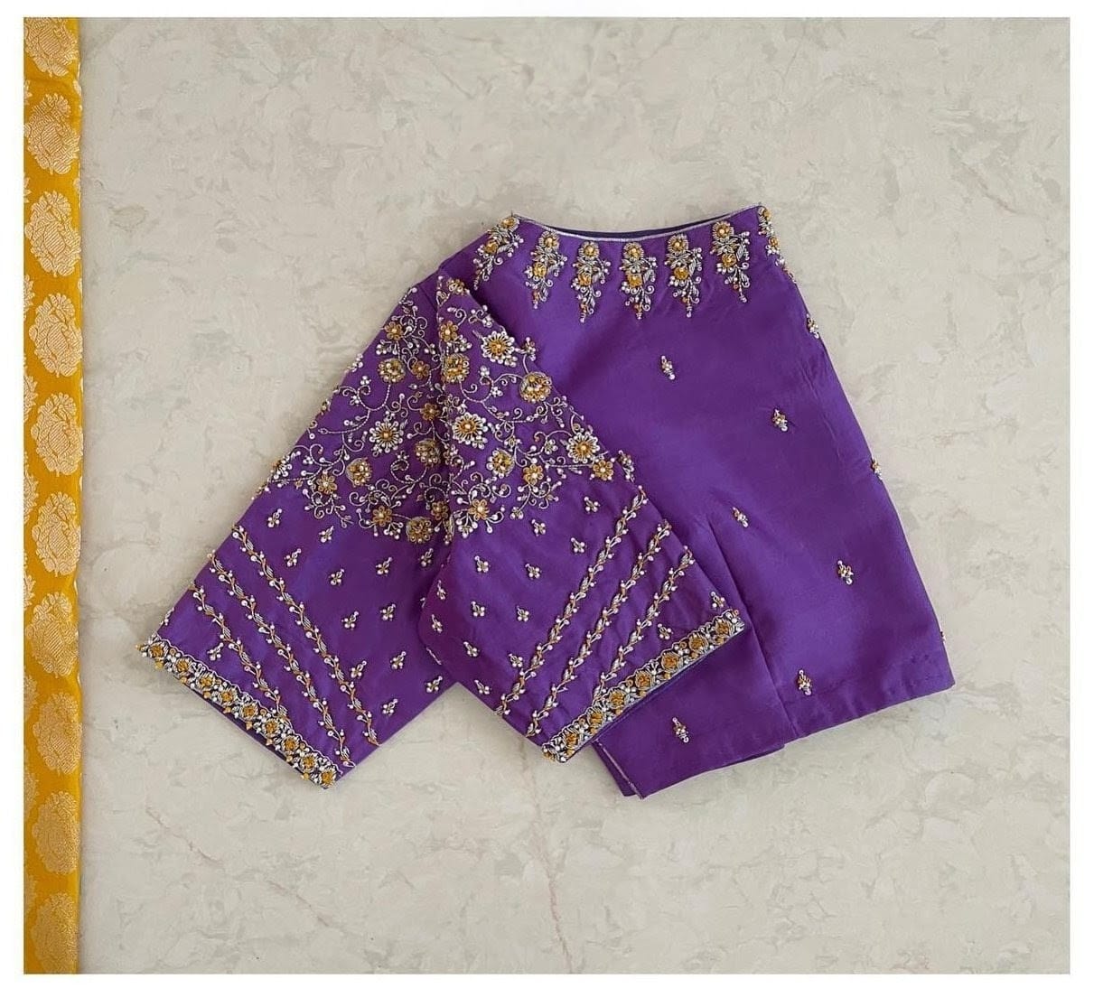 Royal Purple Silk Blouse with Intricate Floral Zari Embroidery & Elbow-Length Sleeves