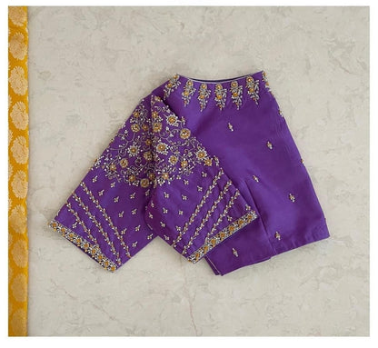 Royal Purple Silk Blouse with Intricate Floral Zari Embroidery & Elbow-Length Sleeves