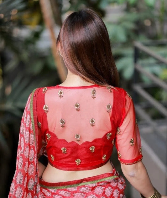Red Designer Net Back Blouse | Sweetheart Neck Half Sleeve Party Wear Blouse