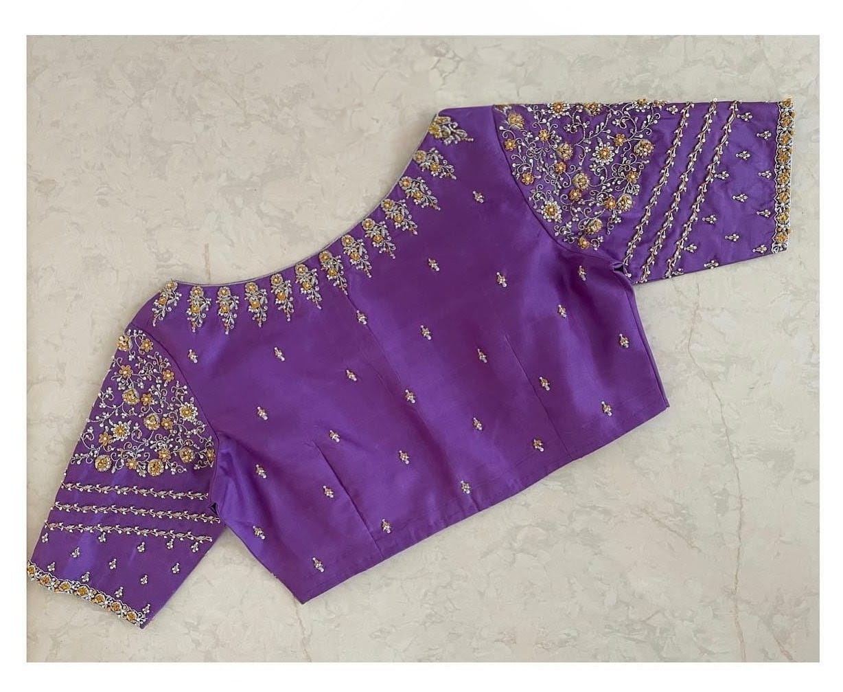 Royal Purple Silk Blouse with Intricate Floral Zari Embroidery & Elbow-Length Sleeves