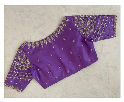 Royal Purple Silk Blouse with Intricate Floral Zari Embroidery & Elbow-Length Sleeves