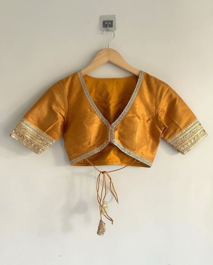 Mustard Silk V-Neck Tie-Up Designer Blouse with Embellished Borders