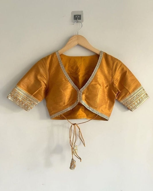Mustard Silk V-Neck Tie-Up Designer Blouse with Embellished Borders