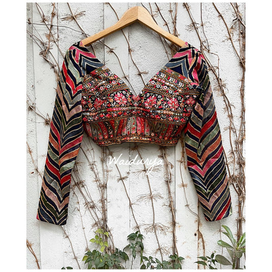 Multicolor Embroidered V-Neck Long Sleeve Ethnic Blouse