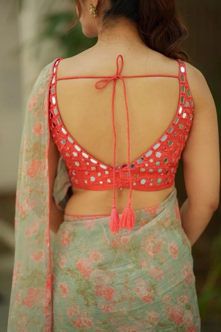 Peach Mirror Work Deep U-Back Saree Blouse for Women