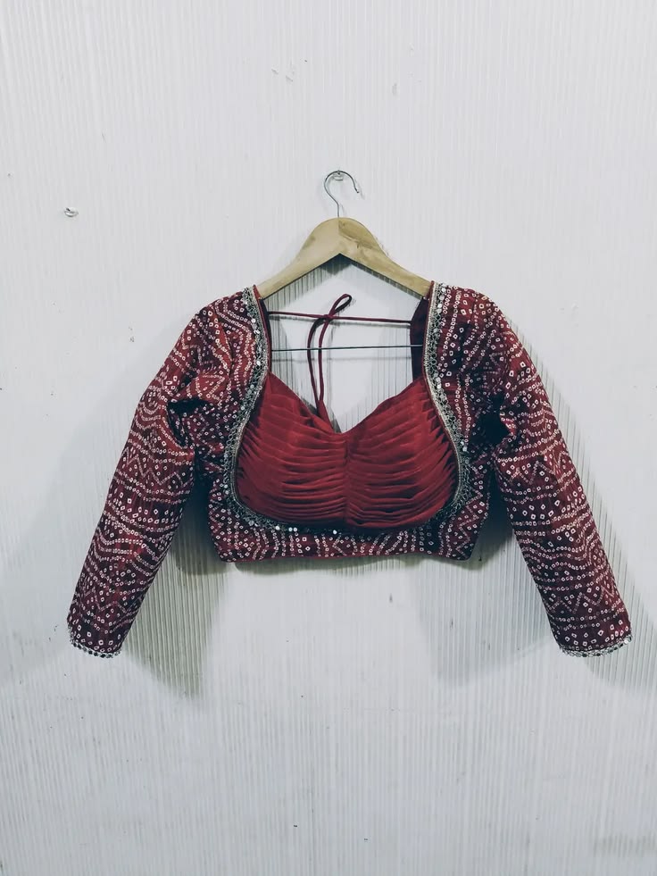 Maroon Sequin Embellished Blouse with Ruched Bust & Sheer Back Detail