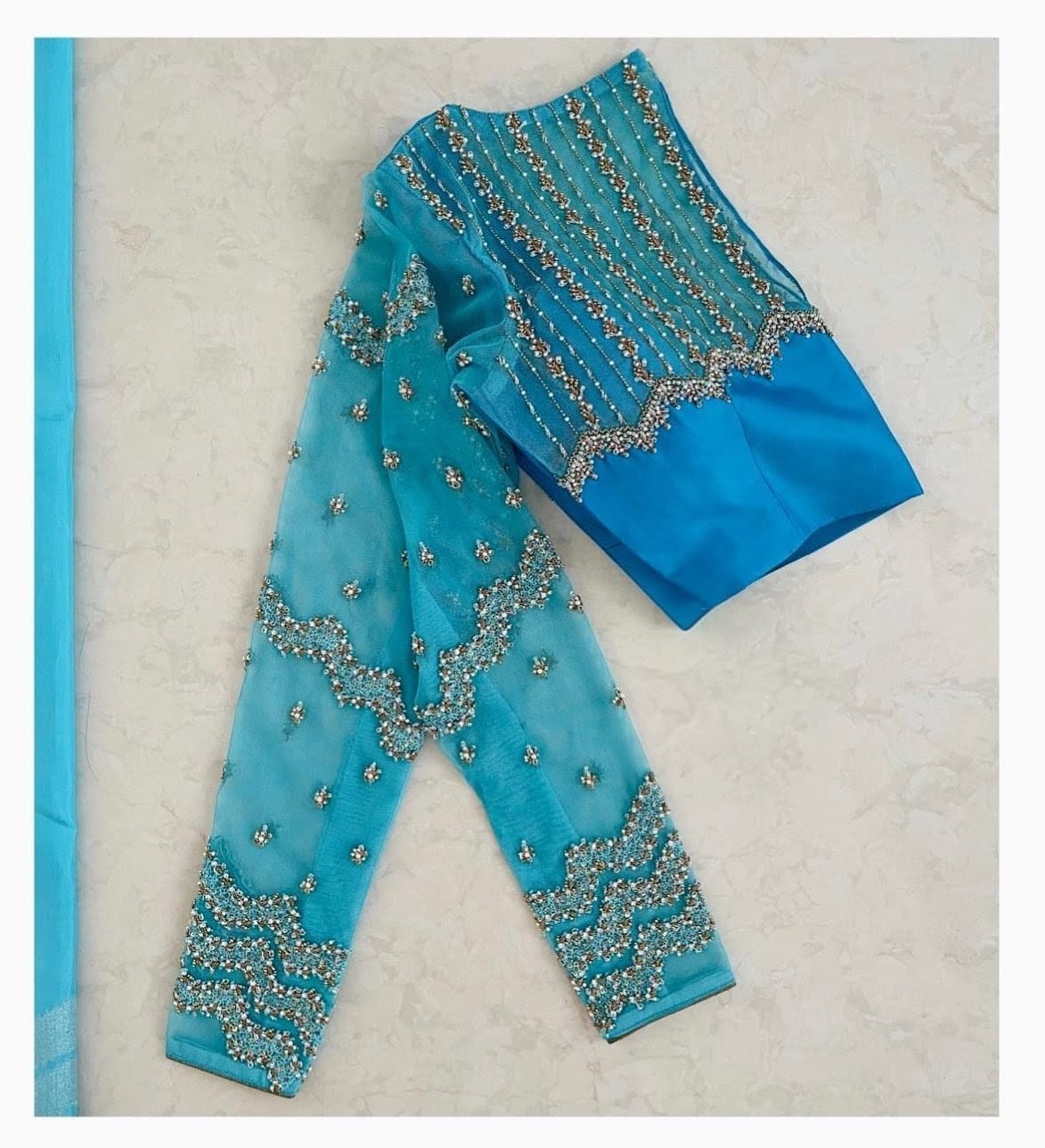 Aqua Blue Sheer Embellished Blouse with Statement Back Cut-Out
