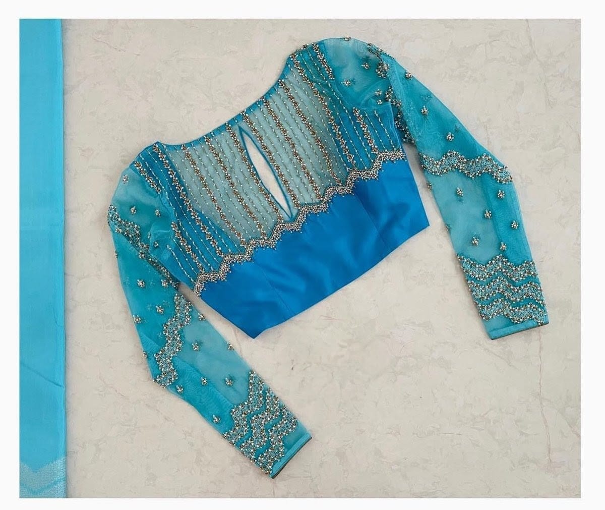 Aqua Blue Sheer Embellished Blouse with Statement Back Cut-Out