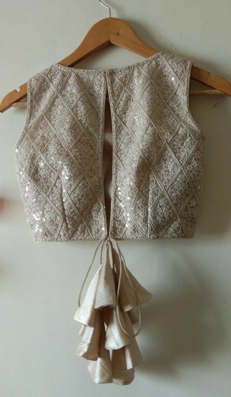 Champagne Gold Jacquard Sleeveless Saree Blouse with Tie-Up Tassel Back