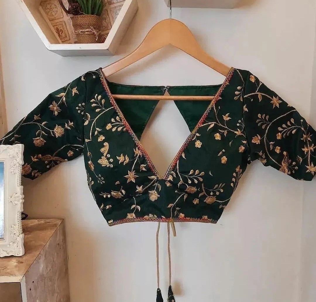Buy Emerald Green Floral Embroidered Blouse with V-Back Design
