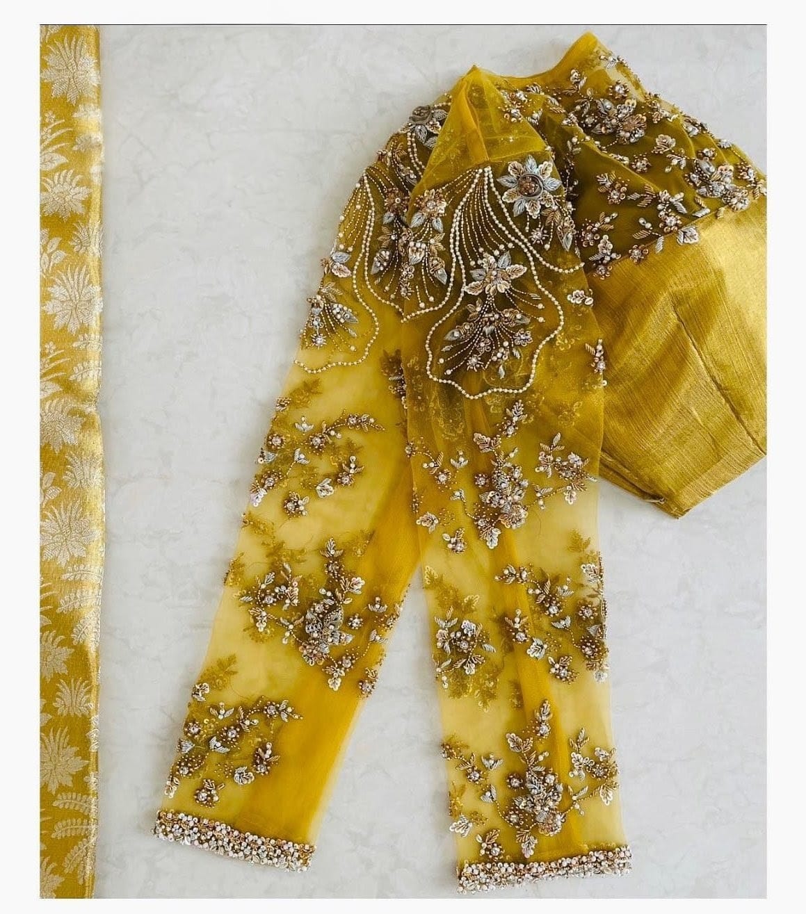 Sunlit Mustard Sheer Embroidered Designer Blouse