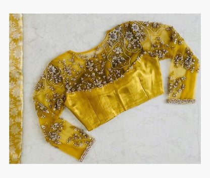 Sunlit Mustard Sheer Embroidered Designer Blouse