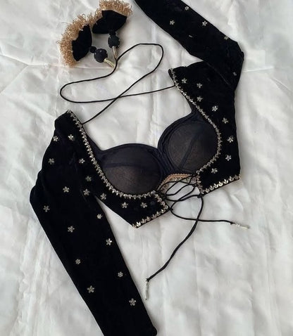 Midnight Black Velvet Blouse with Sweetheart Neckline & Tie-Up Back