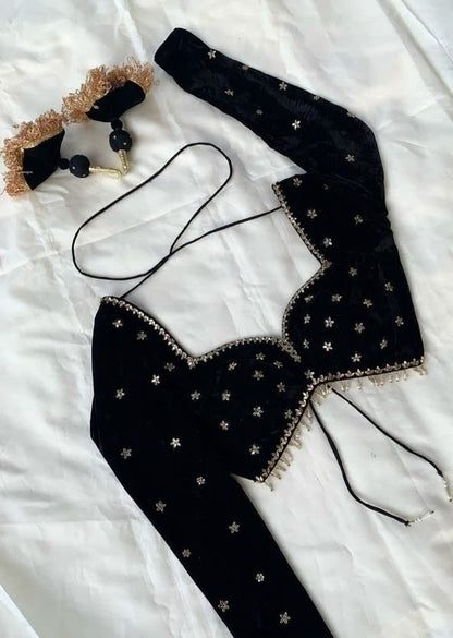 Midnight Black Velvet Blouse with Sweetheart Neckline & Tie-Up Back