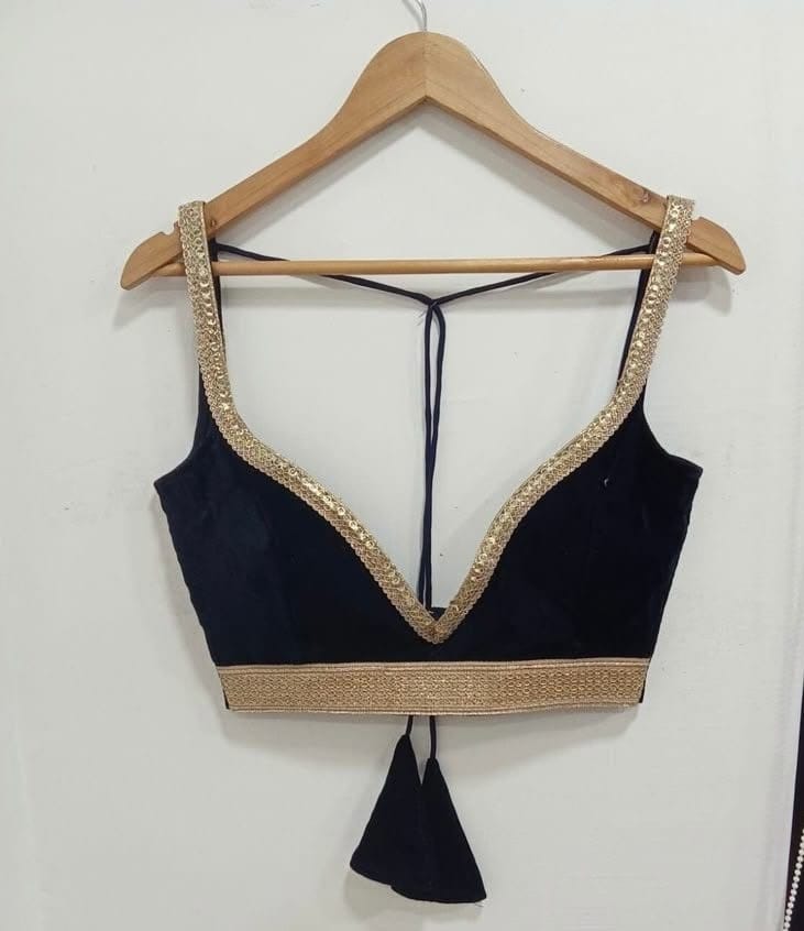 Navy Blue Deep V-Neck Designer Blouse with Gold Embellished Border