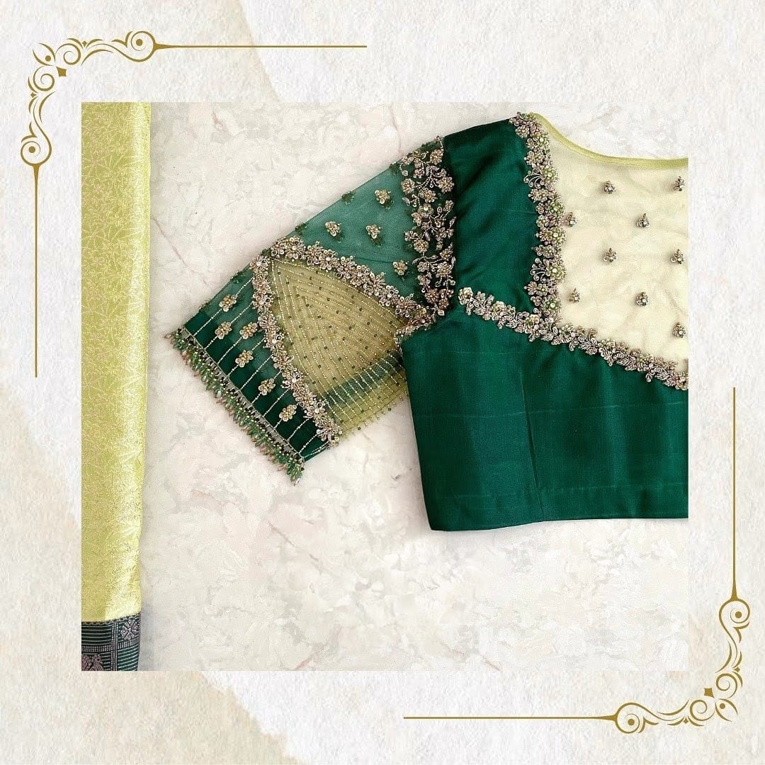 Green Designer Blouse with Sheer Embroidered Yoke & Statement Sleeves