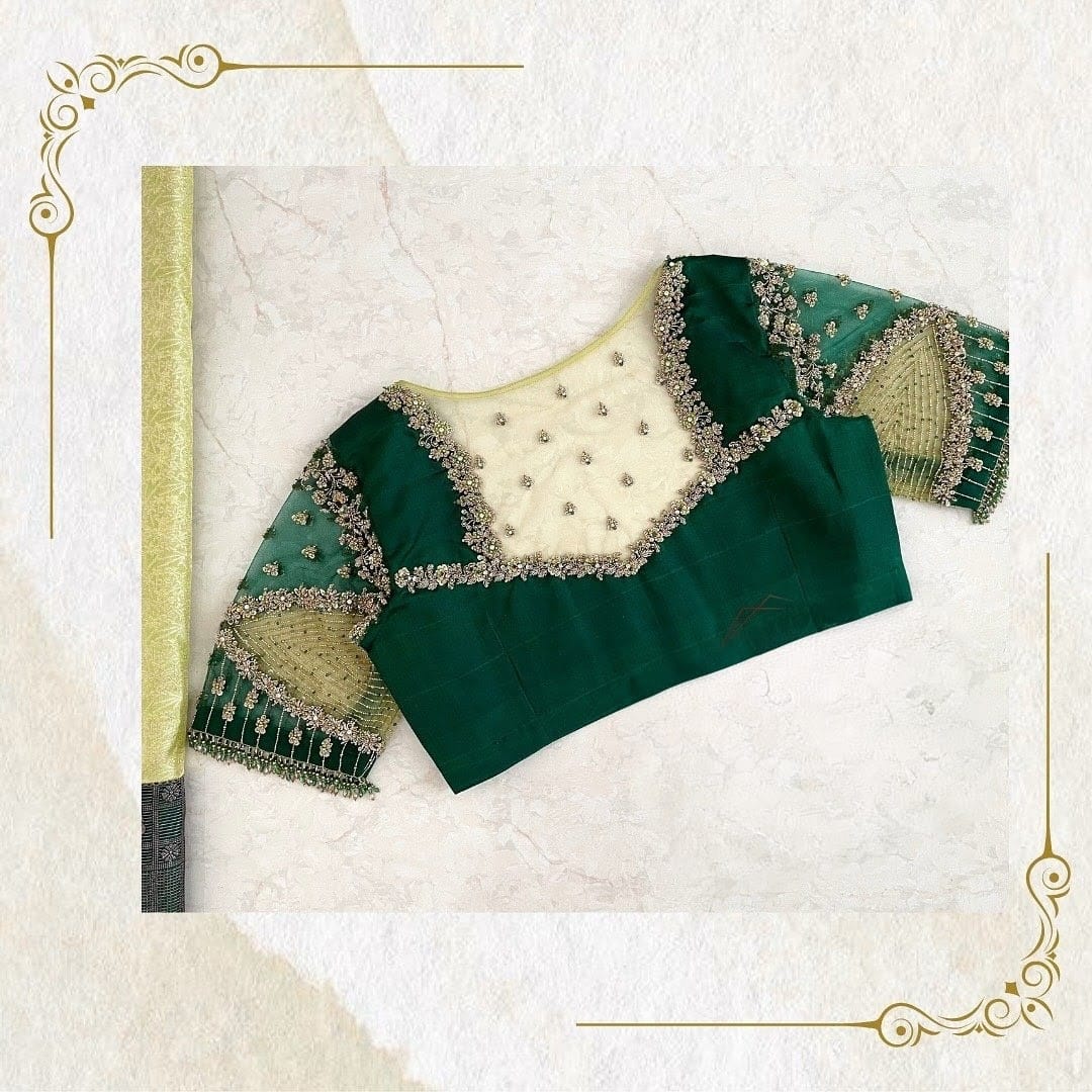 Green Designer Blouse with Sheer Embroidered Yoke & Statement Sleeves