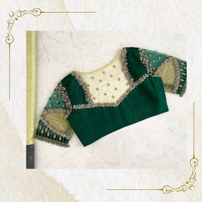 Green Designer Blouse with Sheer Embroidered Yoke & Statement Sleeves
