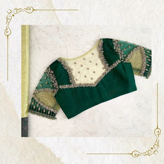 Green Designer Blouse with Sheer Embroidered Yoke & Statement Sleeves