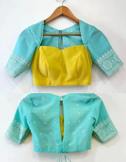 Sunshine Yellow & Aqua Sheer Yoke Designer Blouse