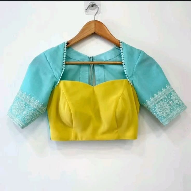 Sunshine Yellow & Aqua Sheer Yoke Designer Blouse