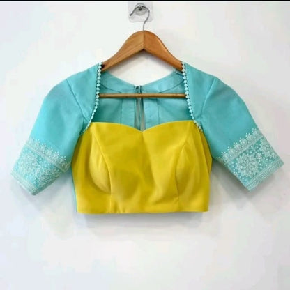 Sunshine Yellow & Aqua Sheer Yoke Designer Blouse