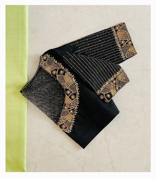 Black Silk Blouse with Sheer Embellished Yoke & Antique Gold Embroidery