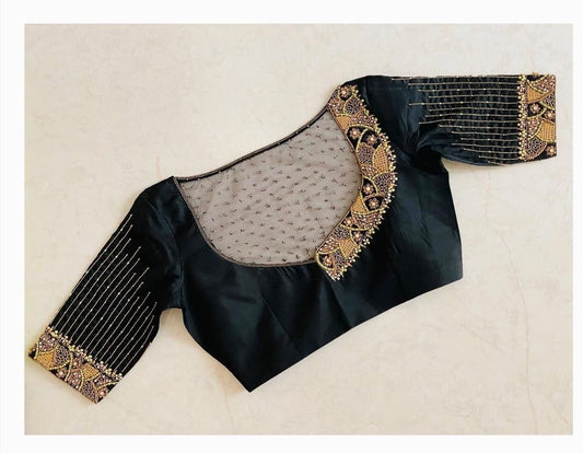 Black Silk Blouse with Sheer Embellished Yoke & Antique Gold Embroidery