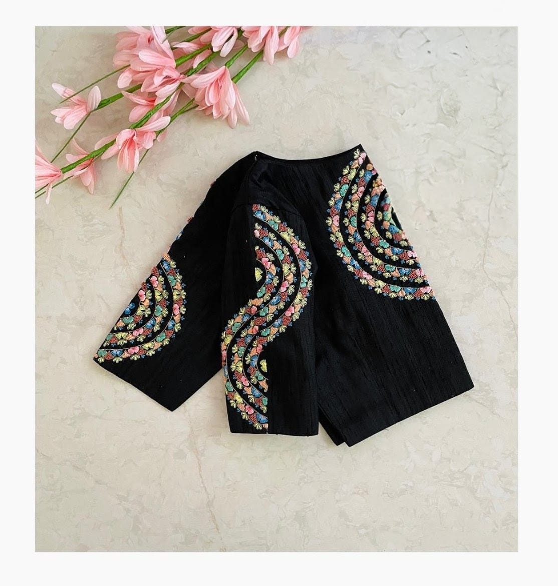 Black Silk Embroidered Saree Blouse with Multicolor Floral Swirl Design