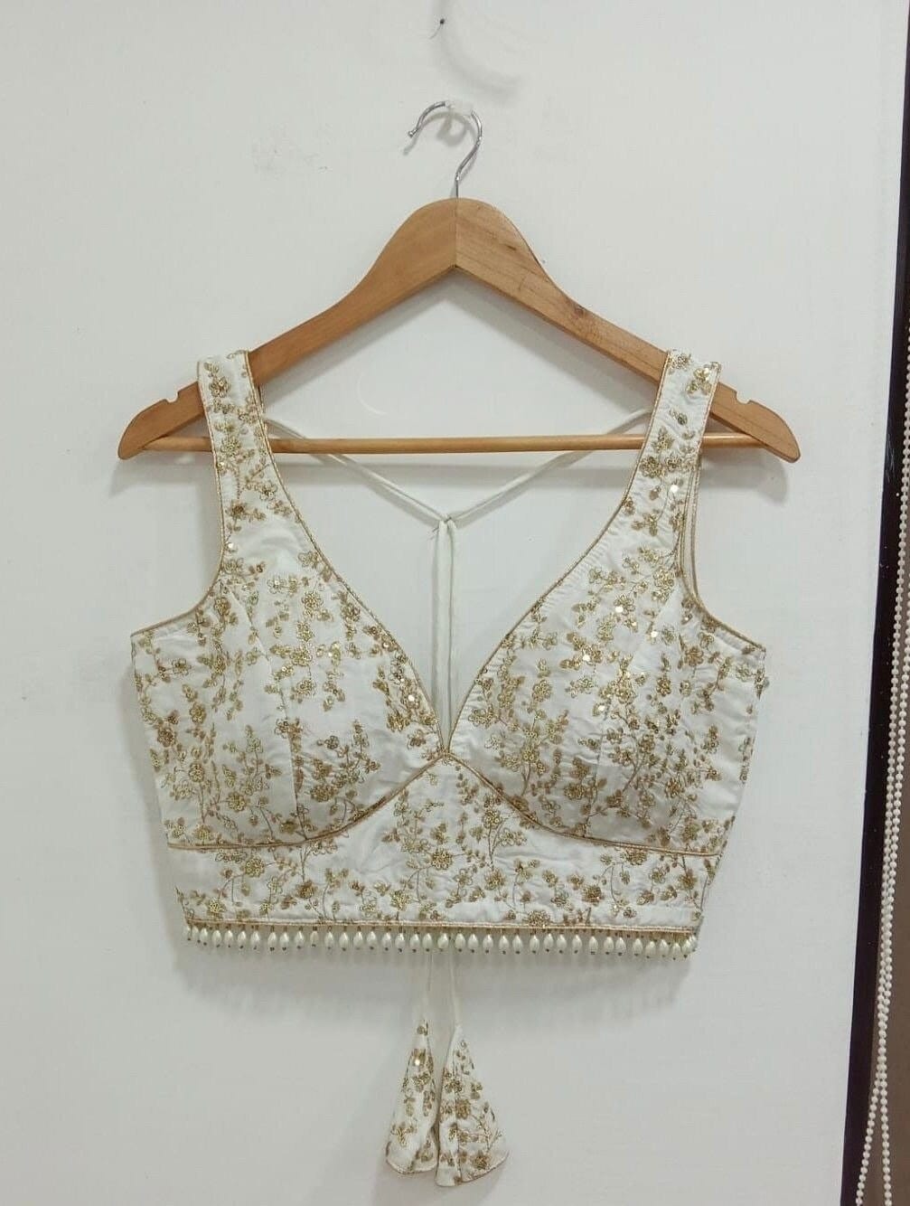 Ivory Gold Embroidered Deep V-Neck Saree Blouse with Pearl Hem