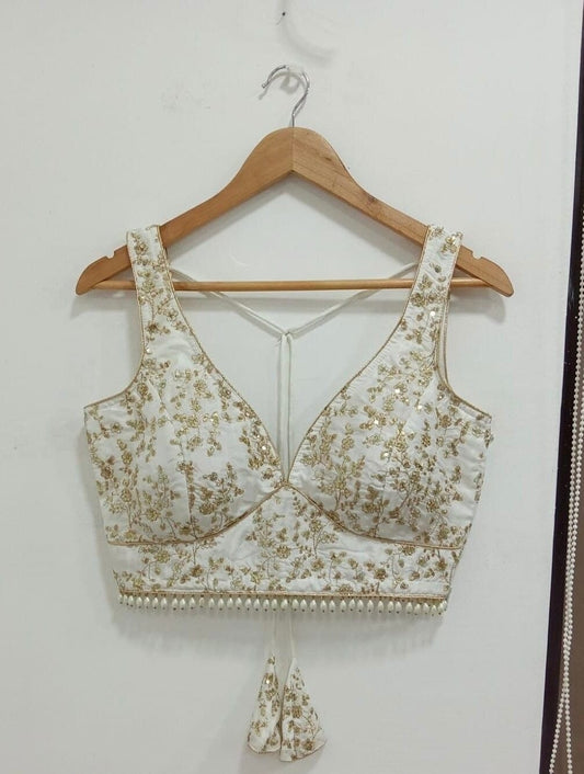 Ivory Gold Embroidered Deep V-Neck Saree Blouse with Pearl Hem