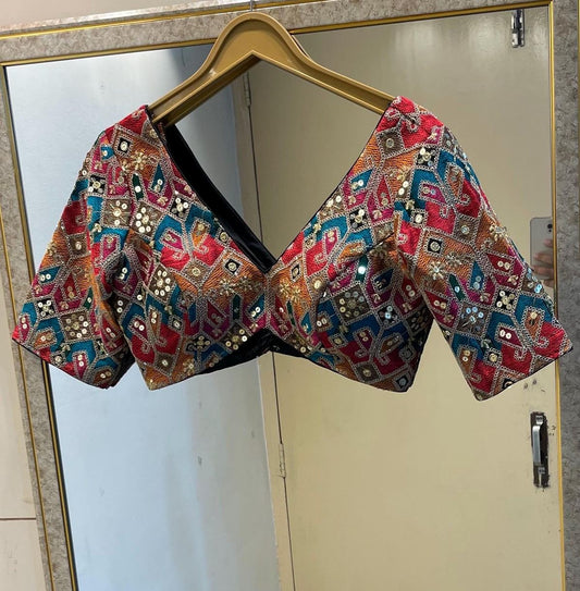 Multicolor Patchwork Embroidered V-Neck Saree Blouse with Mirror Work