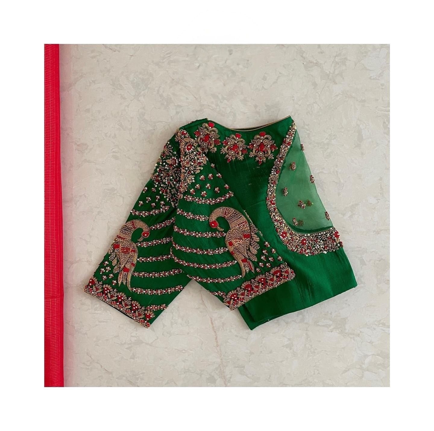 Green Designer Silk Blouse with Peacock Embroidery & Sheer Back Cutout