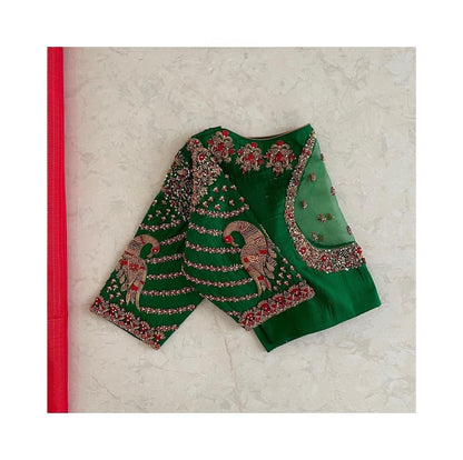 Green Designer Silk Blouse with Peacock Embroidery & Sheer Back Cutout