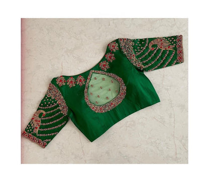 Green Designer Silk Blouse with Peacock Embroidery & Sheer Back Cutout