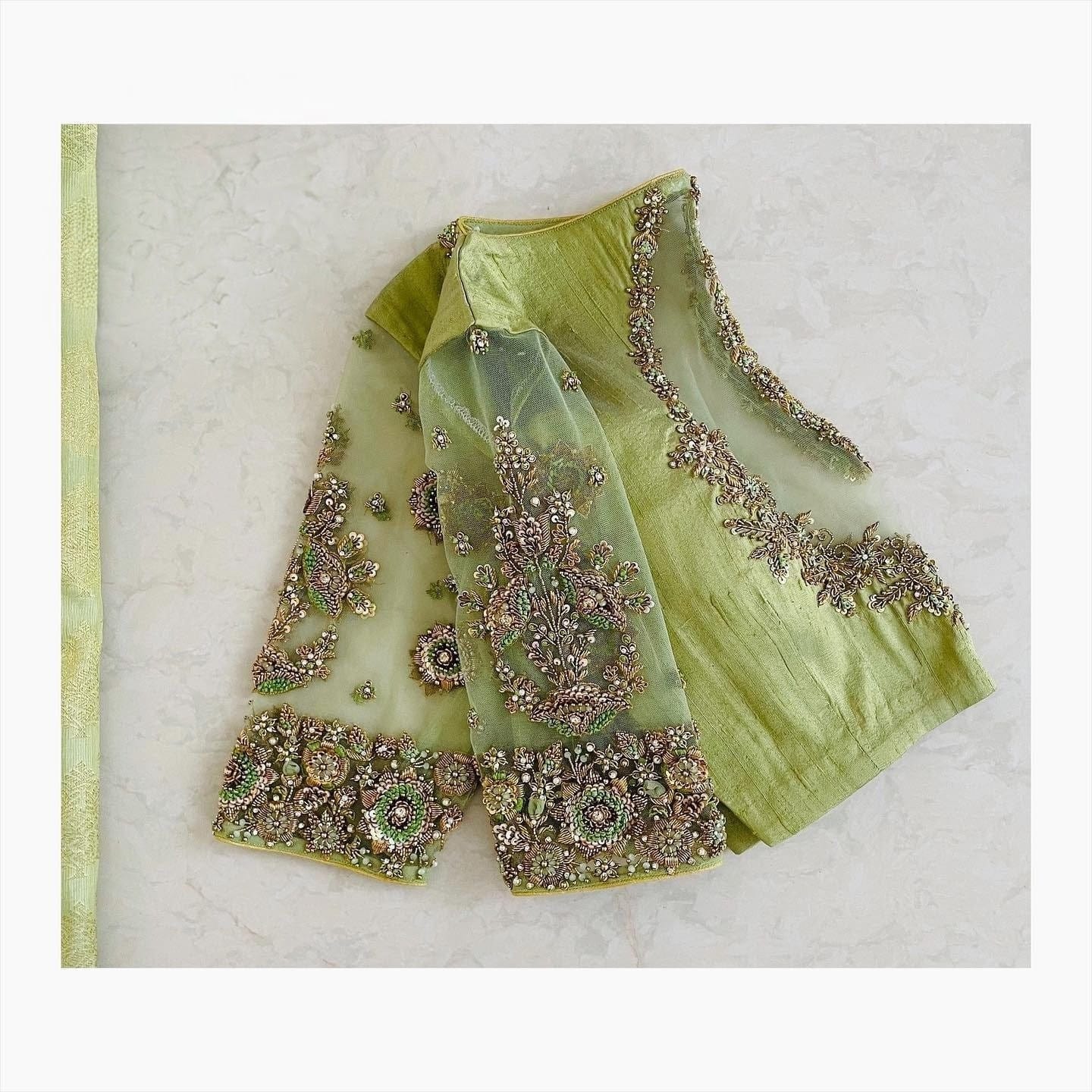 Pastel Green Embroidered Cutwork Back Designer Blouse
