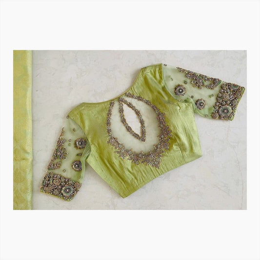 Pastel Green Embroidered Cutwork Back Designer Blouse