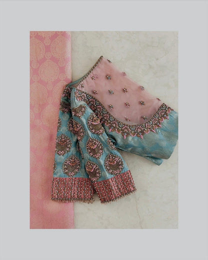 Pastel Blue & Blush Net Embroidered Blouse with Statement Neck Detailing