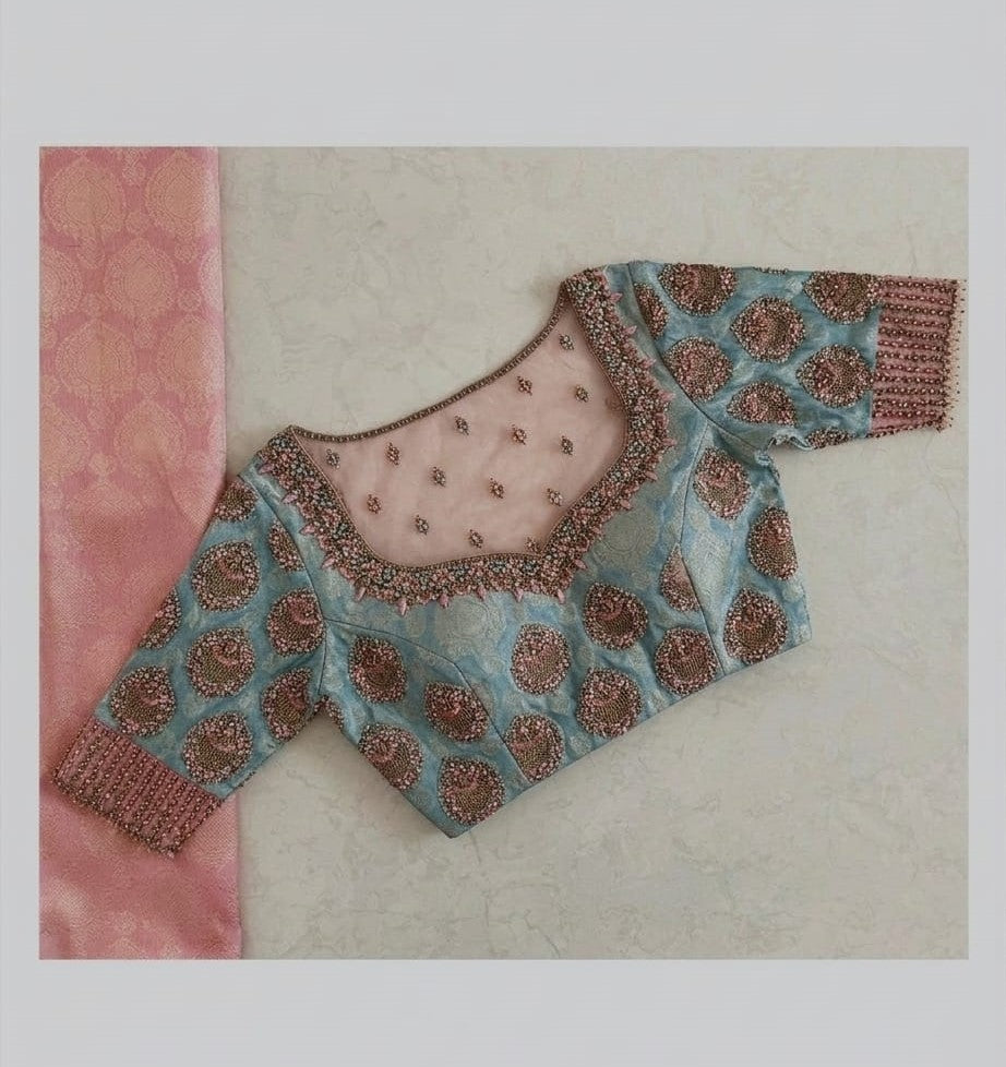 Pastel Blue & Blush Net Embroidered Blouse with Statement Neck Detailing
