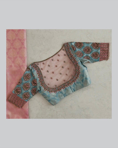 Pastel Blue & Blush Net Embroidered Blouse with Statement Neck Detailing