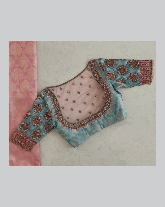 Pastel Blue & Blush Net Embroidered Blouse with Statement Neck Detailing
