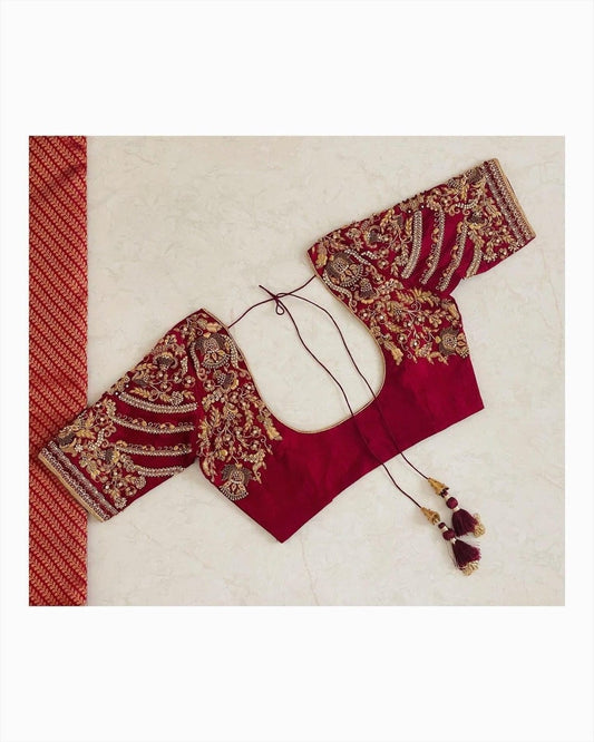 Bridal Red Silk Blouse with Heavy Zardozi Embroidery & Tie-Up Back