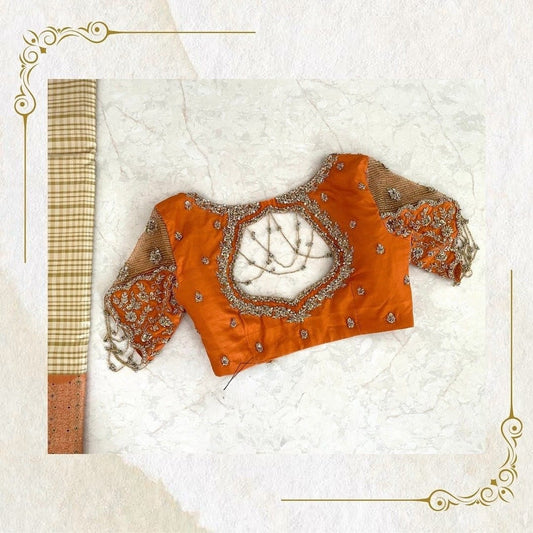 Royal Orange Embellished Blouse with Statement Cutwork Back