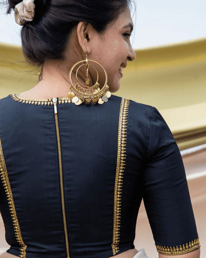 Black V-Neck Zari Border Designer Blouse with Back Zip