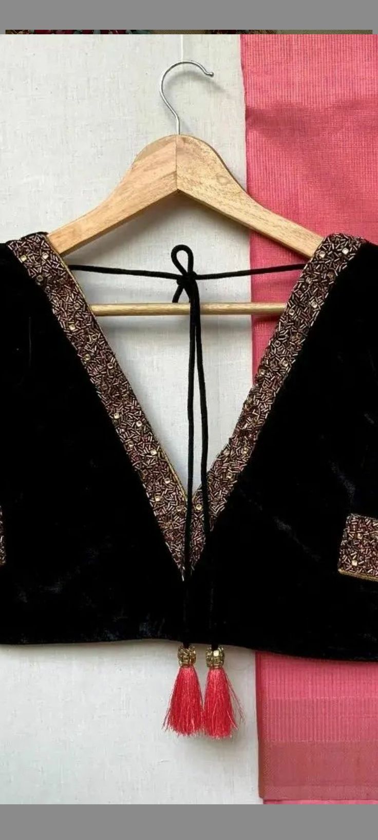 Black Velvet Blouse with Embellished V-Back & Tassel Tie-Up
