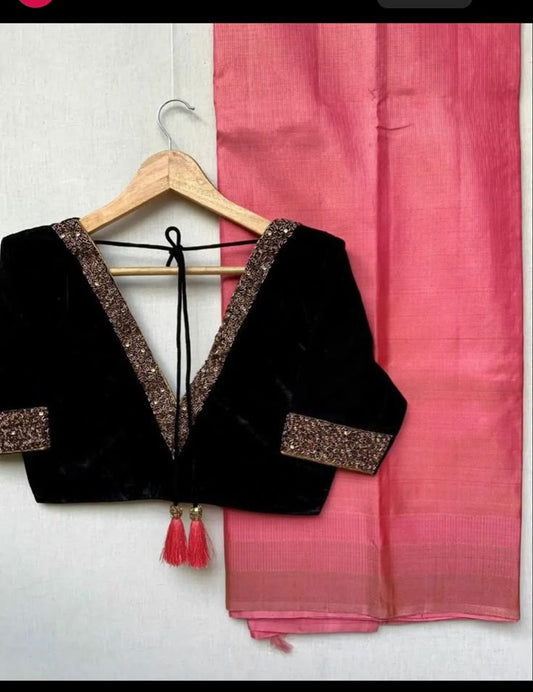 Black Velvet Blouse with Embellished V-Back & Tassel Tie-Up