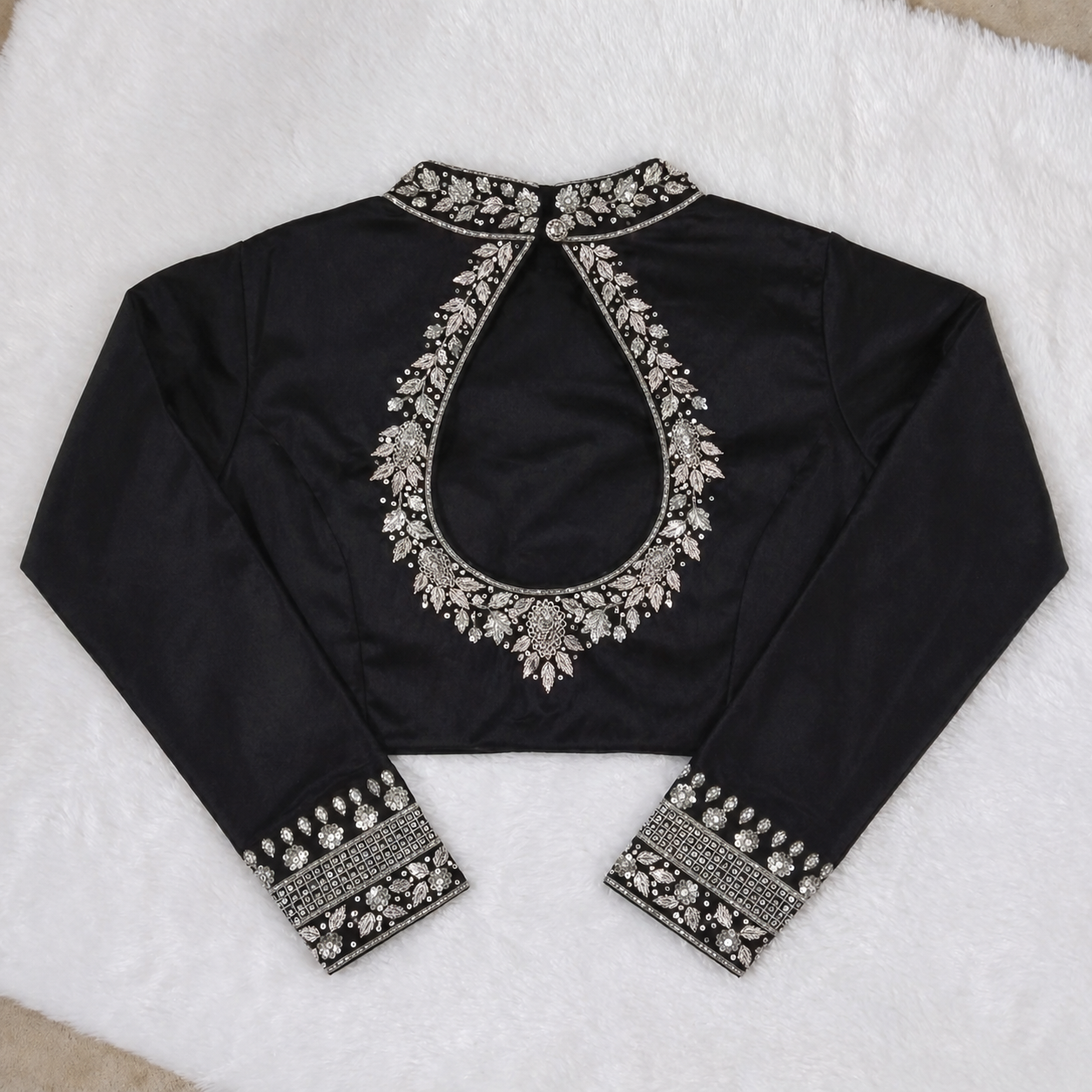 Black Silk Embroidered High Neck Keyhole Back Designer Blouse with Full Sleeves